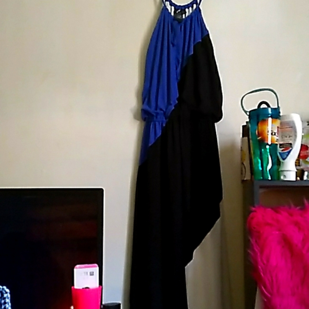 Its a black blue and white sleeveless dress